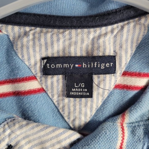 Tommy Hilfiger Polo Shirt Mens Short Sleeve Blue Striped Size Large - Picture 2 of 3